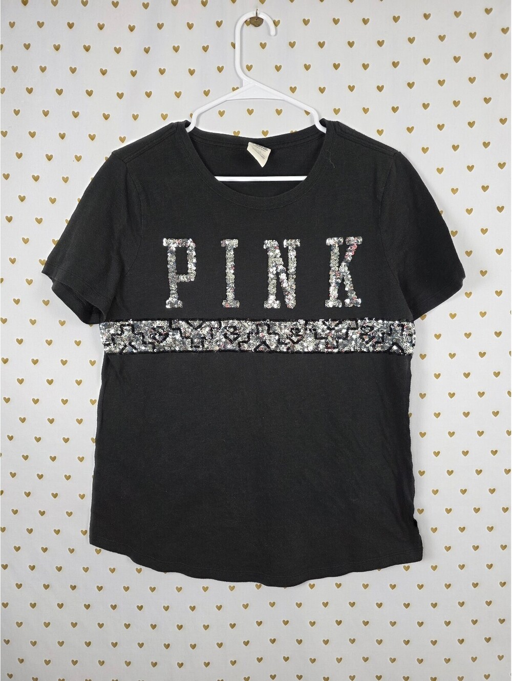 Victorias Secret PINK Bling Sequined Logo Black Tee shirt Large
